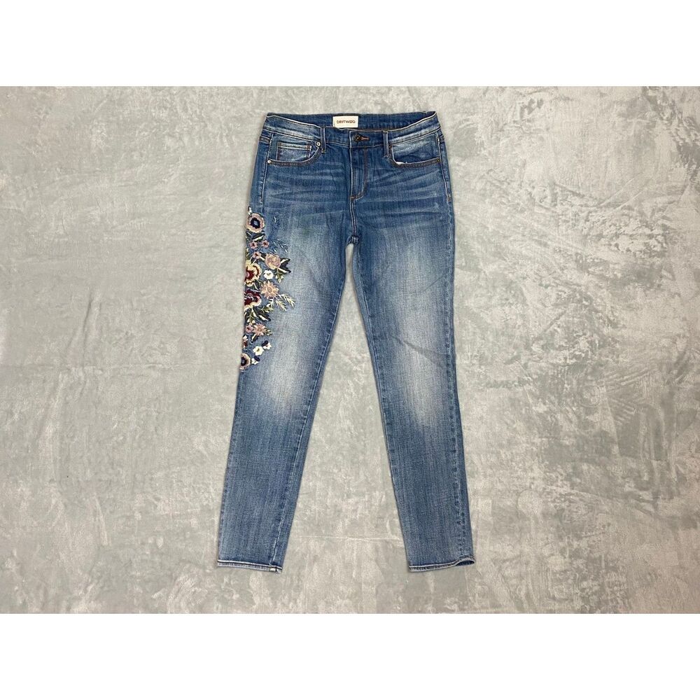 Driftwood Jackie Floral Embroidered Skinny Ankle Jeans Blue Size 28 High Rise